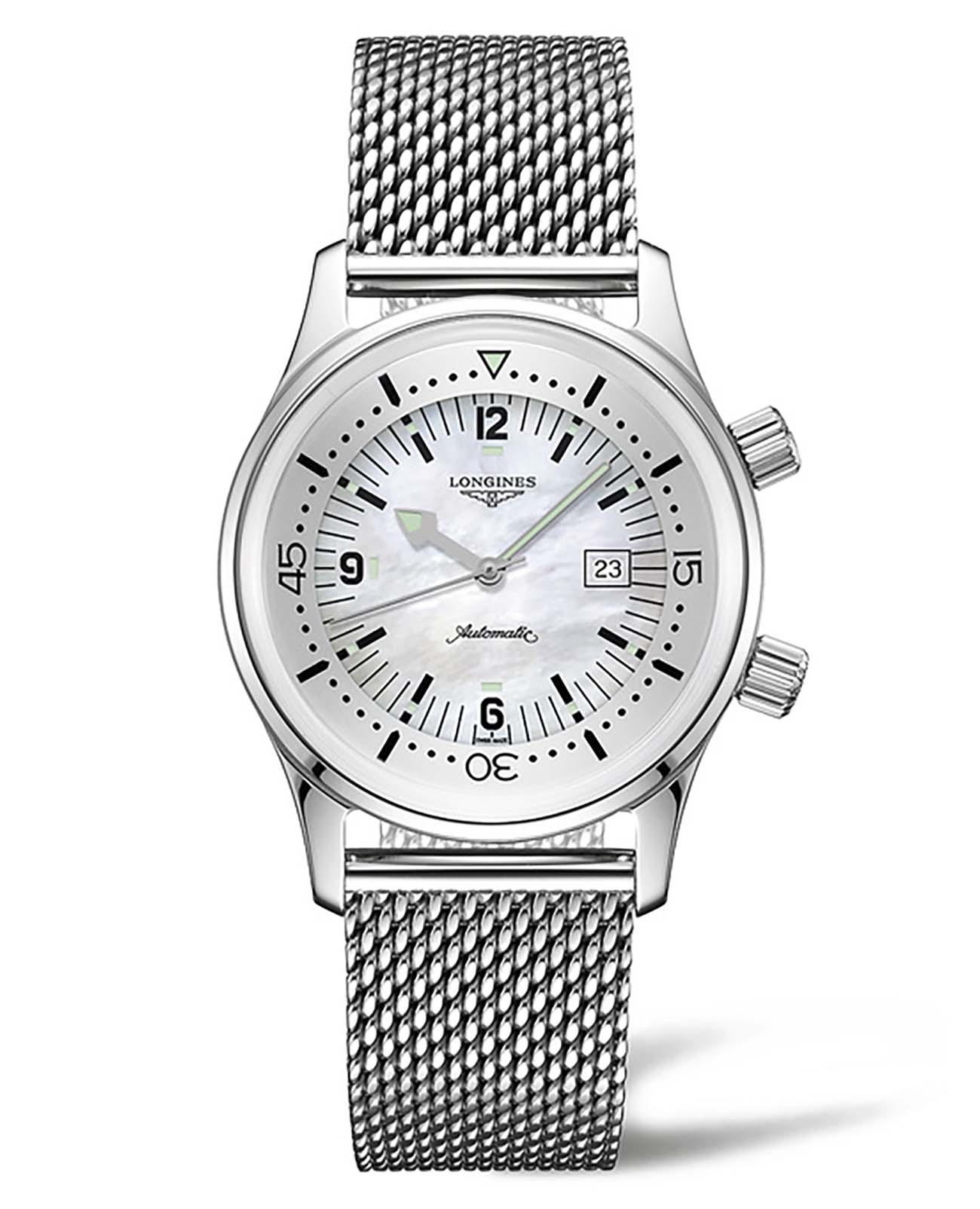 Longines Longines Legend Diver Watch L3.374.4.80.6  L33744806 механические женские часы белый циферблат, браслет нержавеющая сталь — вид спереди